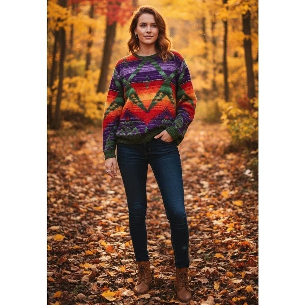 Polo Ralph Lauren Vintage‎ Hand Knit Linen Sweater Aztec Southwestern Color L